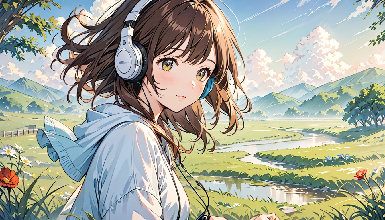 Girl wearing headphones,Brown Hair,1 person,Detailed Background,Feel the fresh morning air,grassland