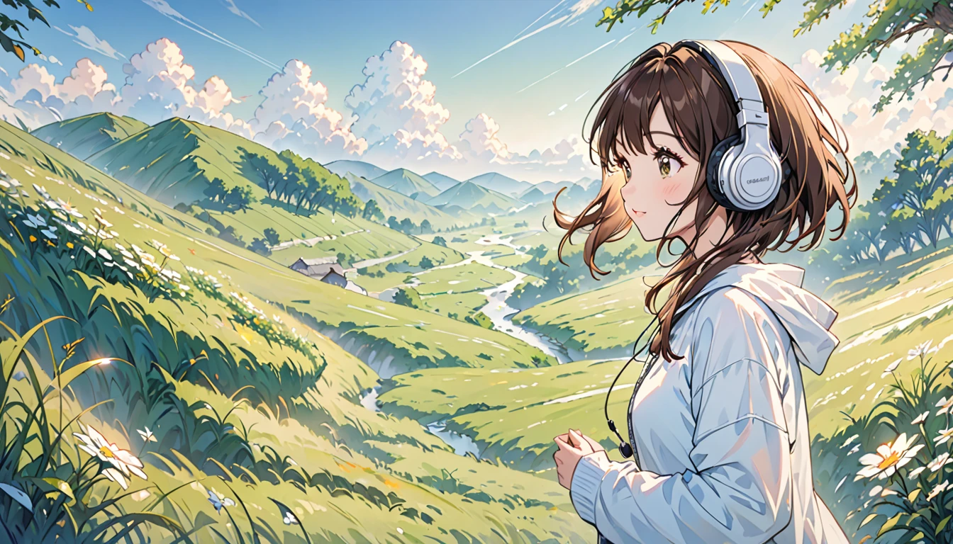 Girl wearing headphones,Brown Hair,1 person,Detailed Background,Feel the fresh morning air,grassland