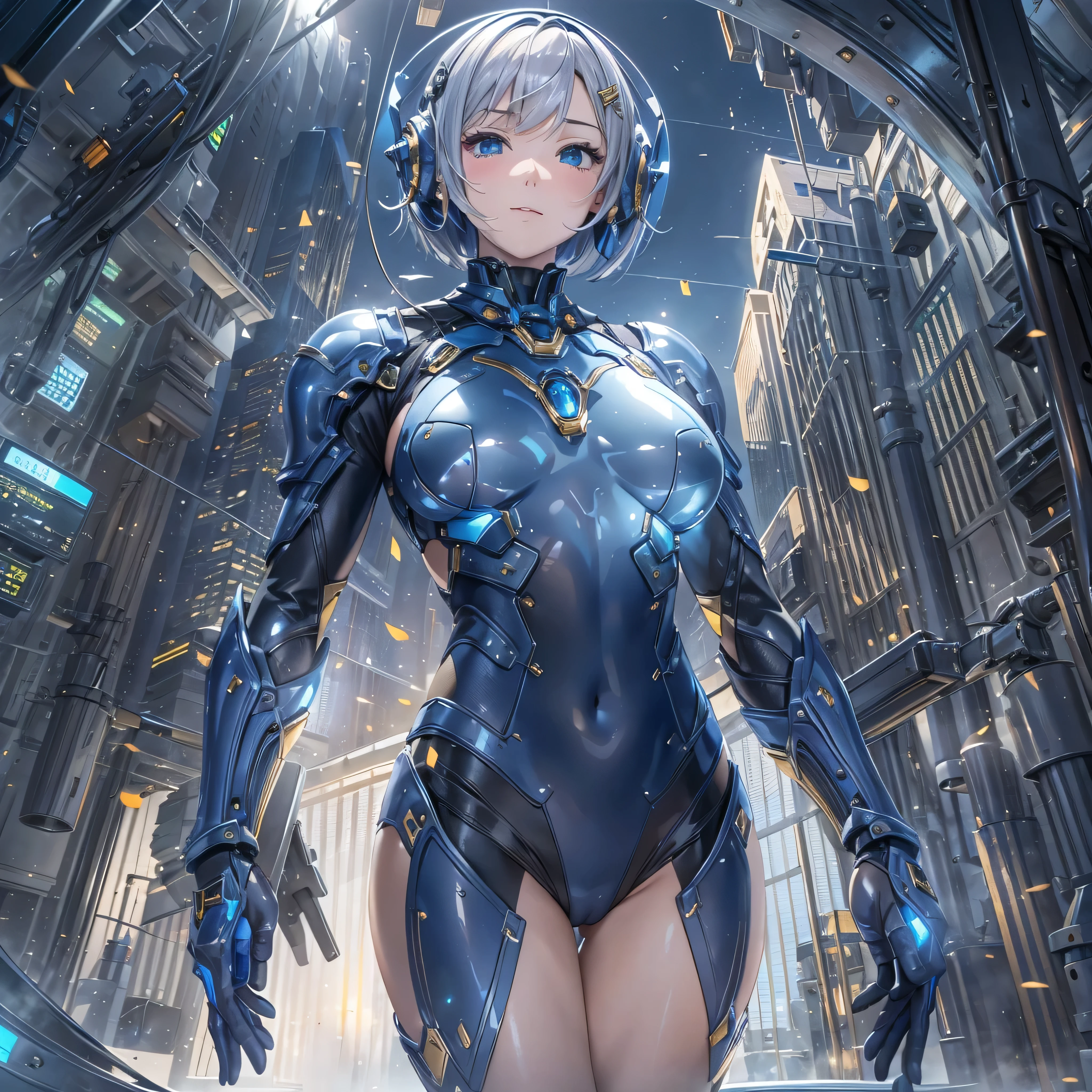 (masterpiece、Highest quality、Highest Resolution、Clear_image、Detailed details、Angle from above): (Whole body、One 20 year old girl、Japanese Faces、Small Face、Slender、Navy blue super short bob cut hair、(Hidden small breasts:1.3)、Sparkling blue eyes、Shiny pilot suit in blue and black colors、Chest protection armor、Tight fitting clothes、Clothing that covers the whole body、Glamorous clothes、Tight Fit Pants、Hide your skin、Very delicate and beautiful、Detailed Skin、hide thighs、Hide your ass、Cute、A gentle smile、Soft expression、heroine、headset、Knee-high boots、Elbow-length gloves、Eye Level Shot、Face directly、Woman on a spaceship)