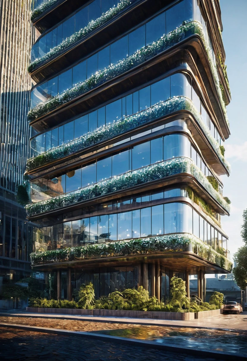 side view, image of the highest detailed Fantasy Architecture of a modern fantastic magically building, capturing a breathtaking scene. Depict a fantastical modern magic realm where nature and architecture blend seamlessly. The air pulses with magic and wonder, inviting viewers to step into this world of boundless imagination and modern fantasy architectural splendor. Incorporate filigree textures and stunning ambiance, ensuring every element is highly detailed. Employ 32k ultra-fine detail and Unreal Engine 5-levels of realism to create an epic masterpiece with dynamic lighting and a cinematic feel. Use perfect natural colors to enhance the visual appeal. The exterior of a modern futuristic building, crystal lights cast shimmering reflections. Capture the scene with a 50mm lens at f/2.8 for optimal depth of field. Enhance the mood with ominous undertones and add subtle HDR and CGI VFX elements to further amplify the sense of realism. The overall image should be extremely modern fantasy realistic, showcasing an extraordinary blend of modern and fantasy architecture exterior, exuding a sense of magic and wonder.The image should be hyperdetailed and photorealistic, Employ 32k ultra fine detail and unreal engine 5-levels of realism to create an epic masterpiece with dynamic lighting, cinematic feel, and perfect modern colors. Use a 50mm lens at f/2.8 for optimal depth of field. Enhance the mood with ominous undertones and add subtle HDR and CGI VFX elements to further amplify the sense of realism.,Extremely Realistic