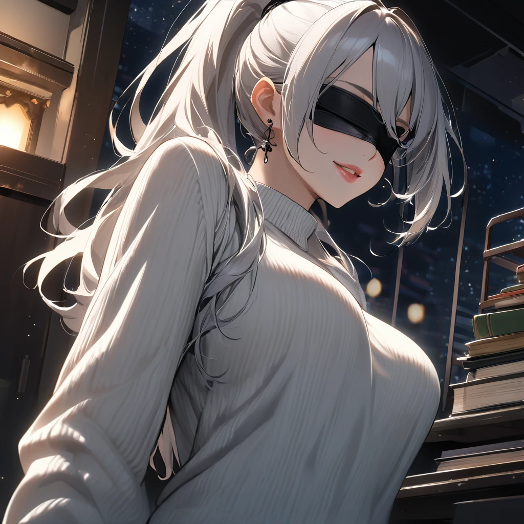 1girl, female, solo, long_hair, ((wearing black blindfold)) ((White_hair, high ponytail)), night view, (hanging breasts) upper_body, smile, indoors, book, lips, (long hair) ((wearing white colour sweater)) breast, "very detailed and high resolution" (black blindfold) ((solo)) (((front view))) (earings) ((high resolution)) ((good quality)) ((silky hair, high ponytail))