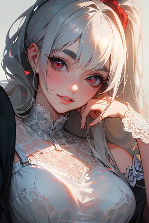 (Highest quality, masterpiece:1.2), (High resolution, 最高masterpiece).(difficult).Very detailed, Realistic:1.37, Fantasy, An illustration,Gray Hair、 Red eyes、Queen, White and blue dress、beautifully、Eyeshadow Red、Thick eyebrows、Long eyelashes、pupils are black、shiny on the lips、Top Sites、Queen、Princess、A kind smile、Show your teeth a little and smile、Soft impression、people々々々Loved by、Slimming the face、Shoulder Bare、ponytail、Kissing Face、Long white hair、Shaggy Bangs、Save face image、((Lace Underwear)).sexy、