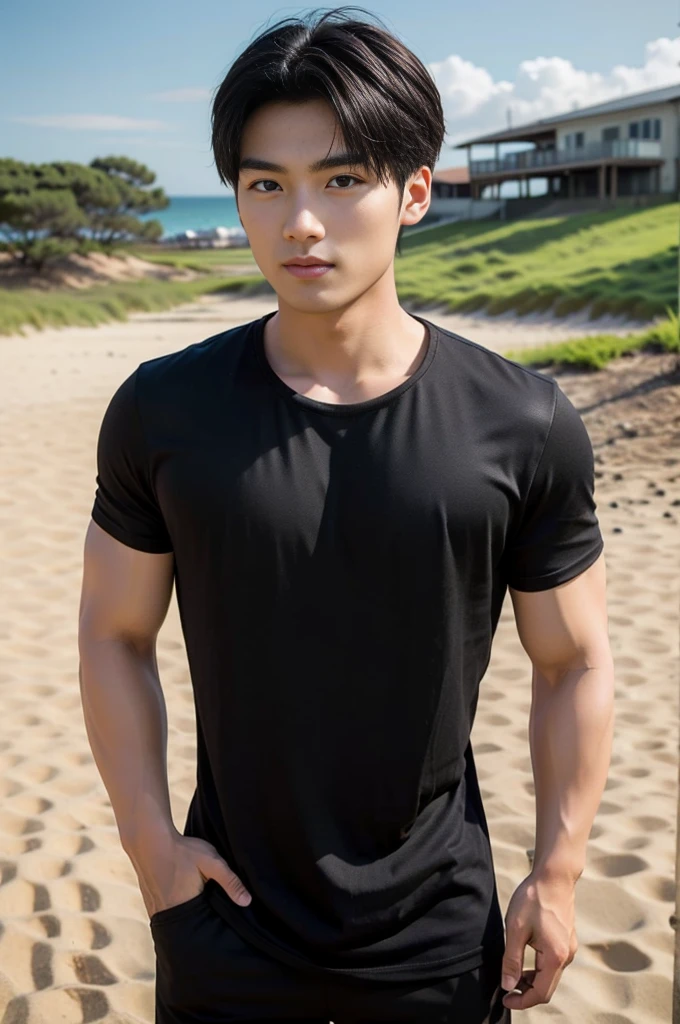 A young Asian man stands, handsome, muscular, looking at the camera. In a simple black t-shirt, Fieldside, grass, beach, sunlight