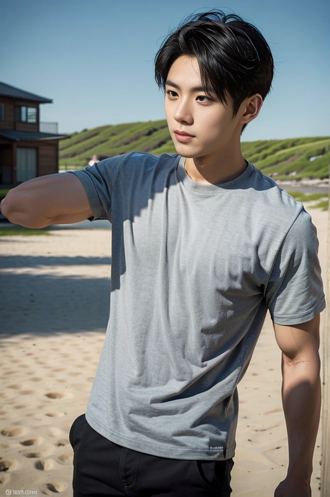 A young Asian man stands, handsome, muscular, looking at the camera. In a plain white t-shirt , Fieldside, grass, beach, sunlight