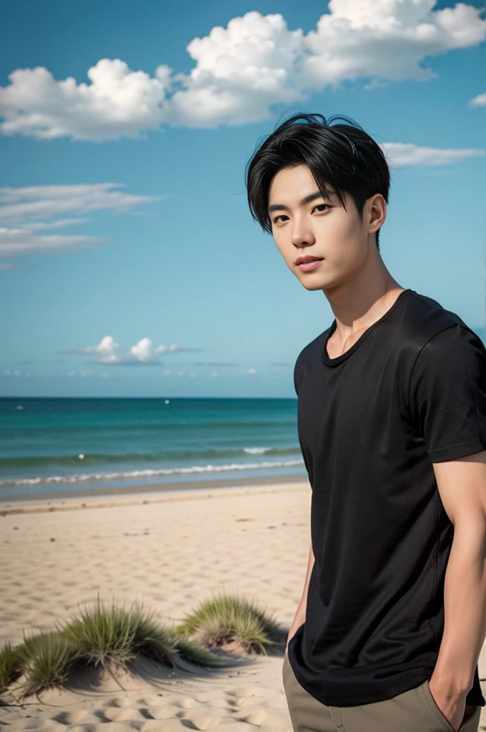 Build body Thai man totaly naked male with short hair, (muscular body:1.2), tan, standing on the beach surrounded by rock formations and coconut trees in the background (Extremely Low-Angle View:1.5) midnight time, full moon party