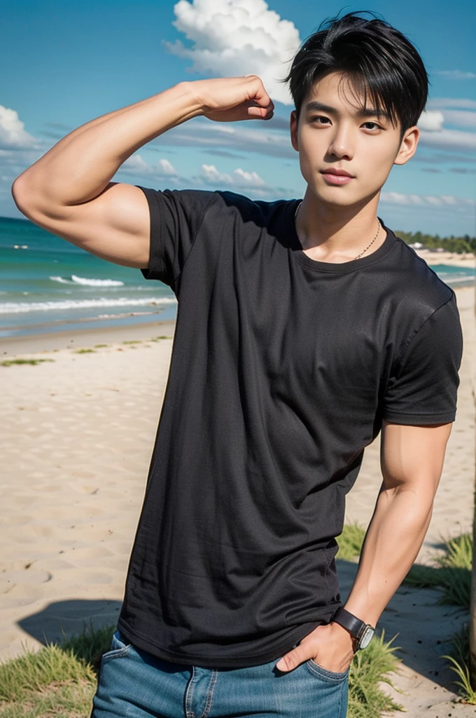 A young Asian man stands, handsome, muscular, looking at the camera. In a simple black t-shirt, Fieldside, grass, beach, sunlight