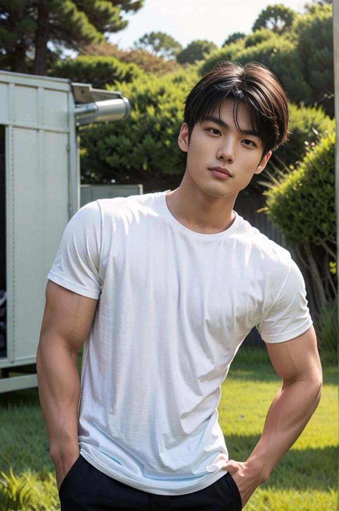 A young Asian man stands, handsome, muscular, looking at the camera. In a simple black t-shirt, Fieldside, grass, beach, sunlight