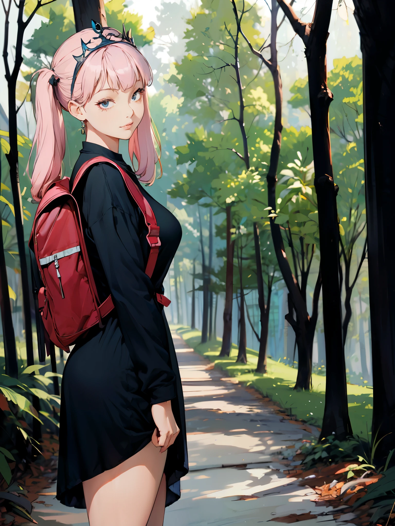 1girl, from side, medium wide shot, untucked long sleeve t-shirt dress, wearing backpack, bob hair, bangs, inside forest, sunlight, withering tree, detailed face, looking at viewer, thick thighs, (standing alone), (absurdres, high resolution), (best quality art:1.2), (illustration, realistic), super details, dramatic light, white thigh high, hair ornament, tiara, pink hair, twintails, street, (10yo, cute:1.3), (breasts:1.2),