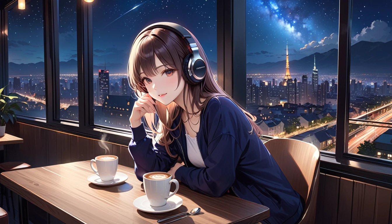 masterpiece、high resolution 8k、NSFW、sharp focus、contrast lighting、fine skin、muste piece、 highest quality、Ultra - High resolution、Super high resolution、Highly detailed CG, realisticlying, 1 girl, Beautiful, wearing headphones, enjoying hot coffee solo, Late Night Cafe, looking to viewer, city, starry sky, cloud, night.