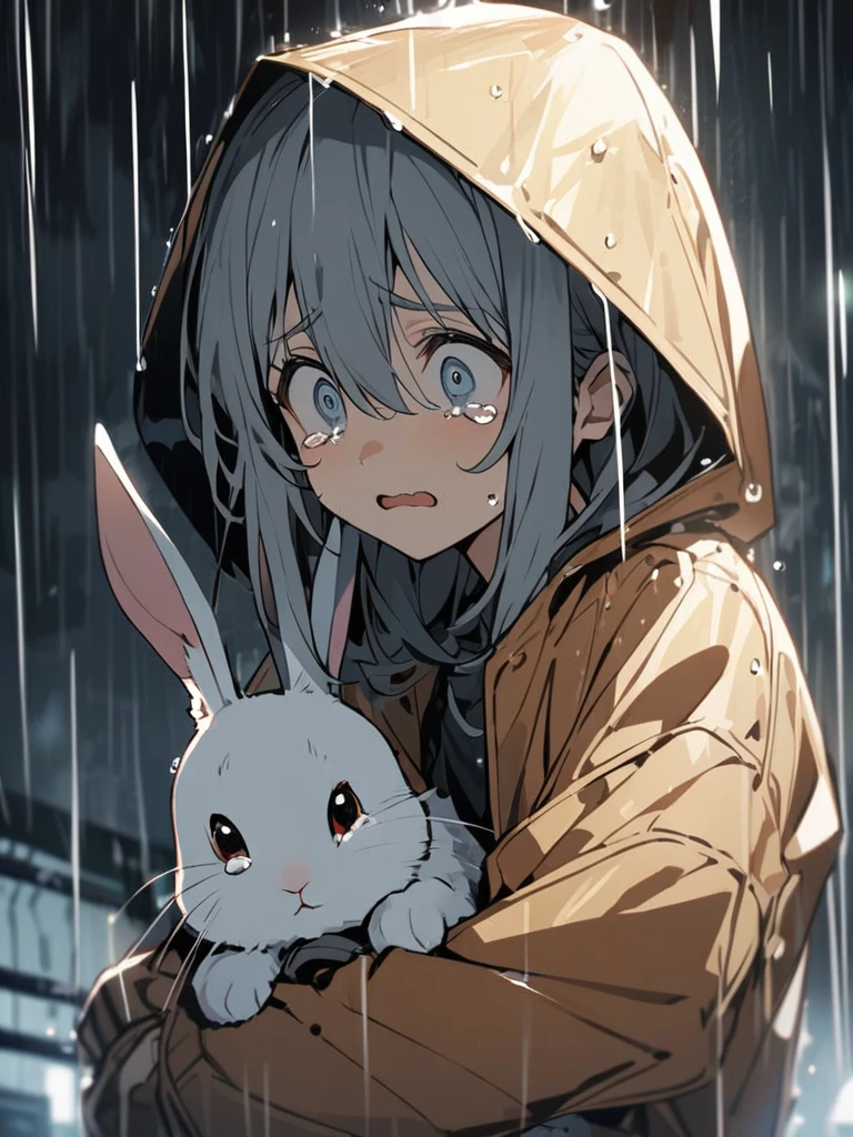 A skinny rabbit，Carrying a bundle of steel bars in the rain，With tears in my eyes，Large, expressive eyes convey sadness