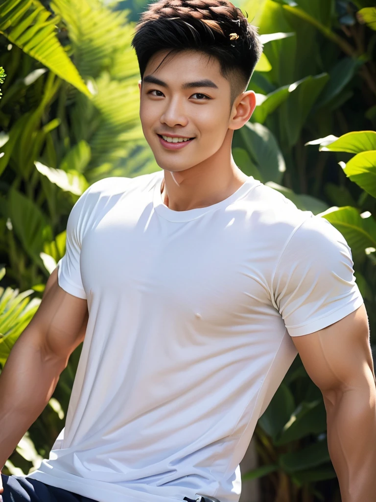 man , white t-shirt, black short hair , outdoor , cute smile , หน้าhandsomeแบบเกาหลีสมจริง , modest muscles , Masterpiece、High resolution、Surreal、detailed face、alone、man、Glowing skin、(Asia)、handsome、Detailed background