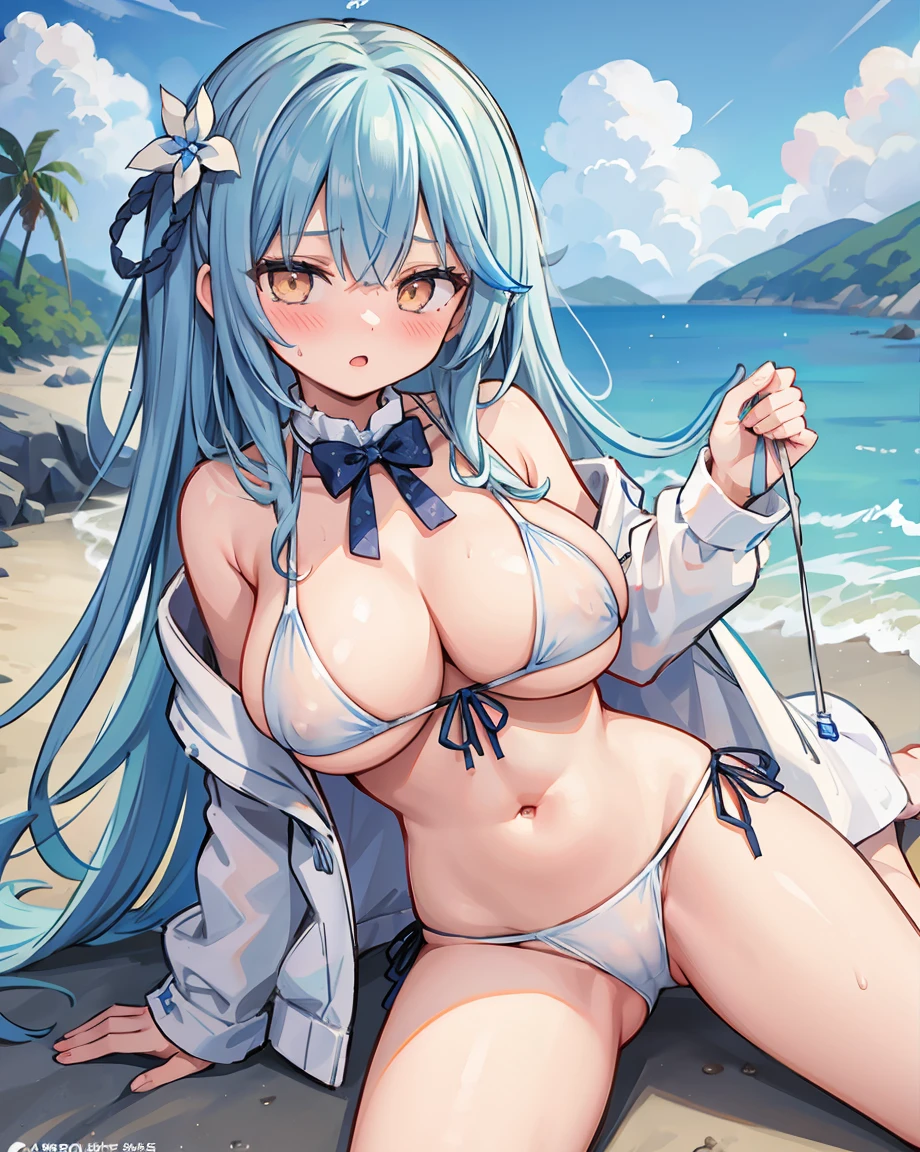 Yukihana Lamy,Outdoor,((beach,White Bikini,just))(Highest quality), (masterpiece), (High resolution), Perfect Face,Tiara on head,Thin belly,original, Very detailed8K壁紙,((Very detailed)), Very detailed,(1 girl, alone:1.2), (blush:1.2),,,((High resolution)),(Huge breasts:1.10),(Highest quality:1.2),(Huge breasts),Sit,Spread your legs