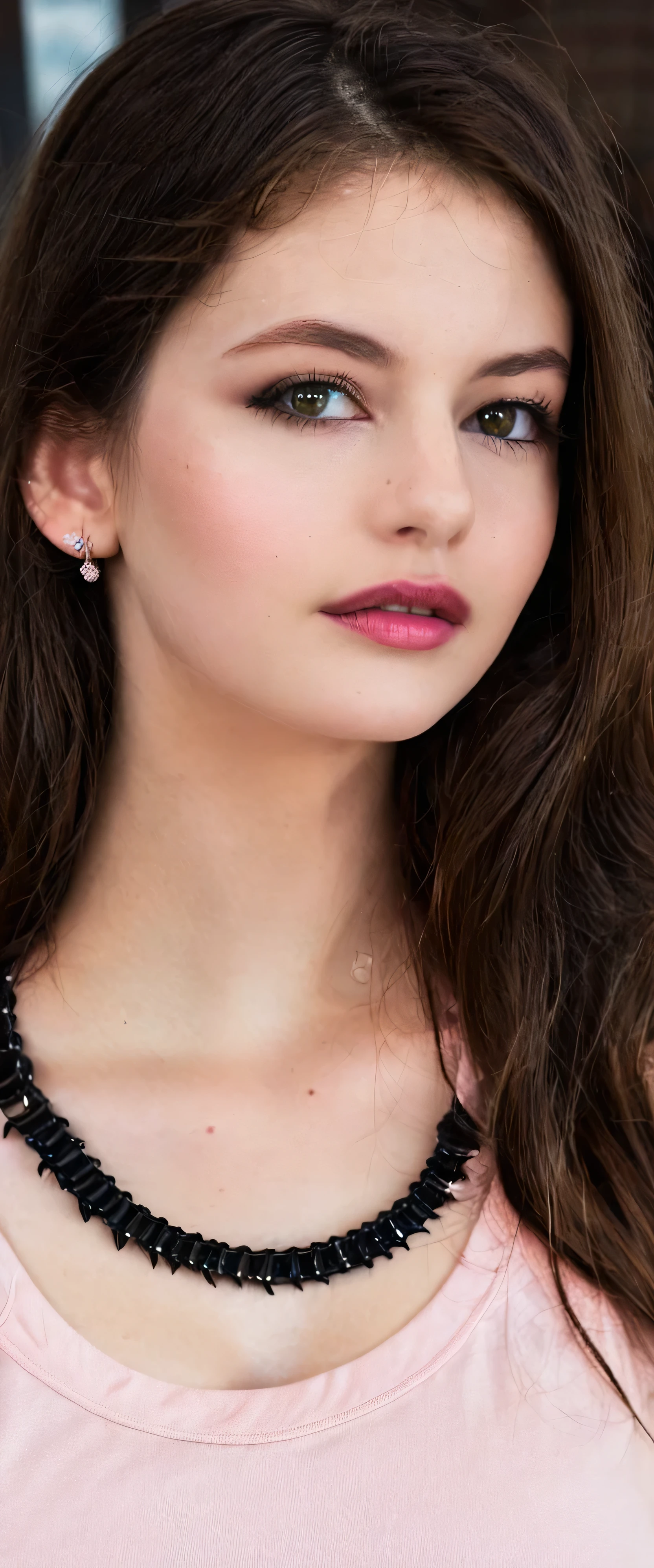 Wavy brown hair, (RAW photo, realism: 1.8), (very dark lip gloss, jet pink lipstick, many eyelashes, dark black eye shadow, shy, blushing, high quality, high resolution, chromatic aberration, caustic, wide light, natural colors, 20 year old woman), necklaces, chokers, earrings, bracelets, wear many accessories, style A good woman,l, silk pink shirt, standing, posing for photograph, beautiful skin, lots of exposure, very line, looks delicious, lips that make you want to kiss, scruffy futon,