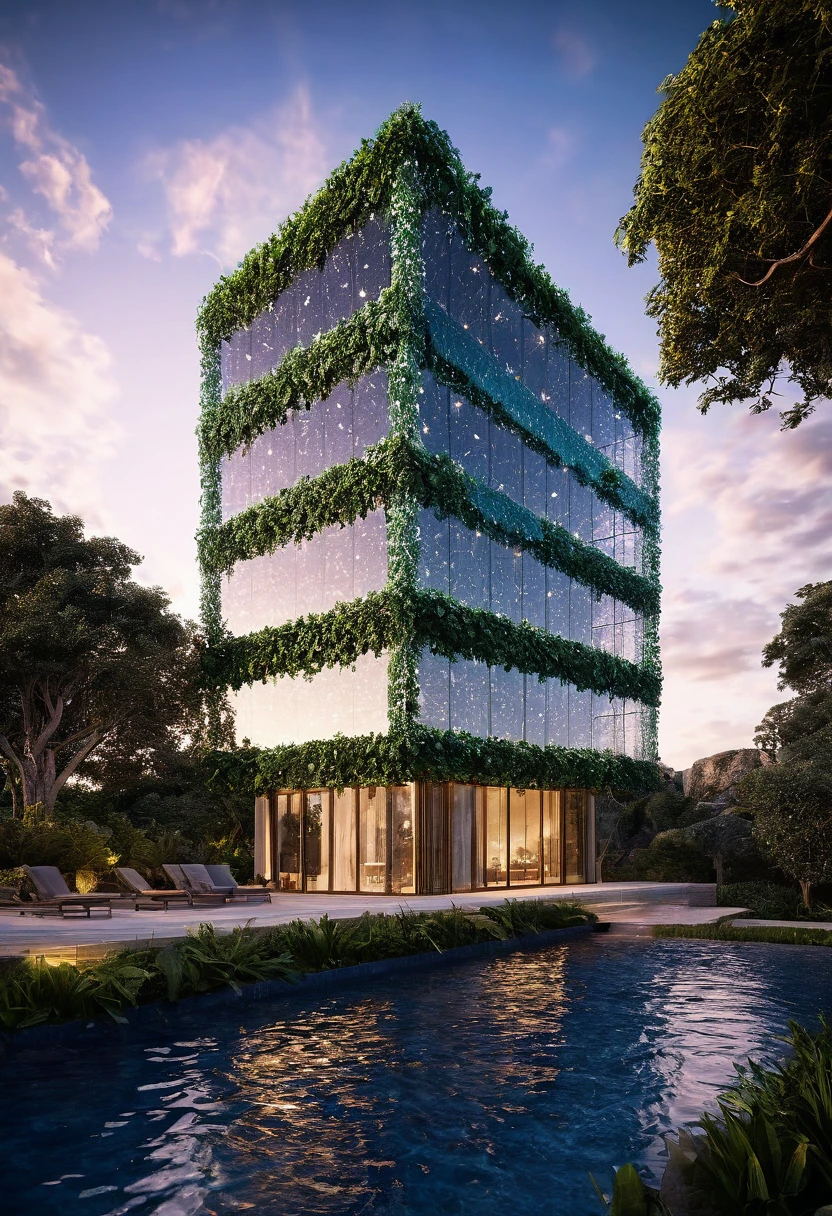 In this breathtaking side view, a modern fantasy building rises majestically, its crystal lights casting shimmering reflections against the sky. The air pulses with magic as filigree textures and stunning ambiance come together in perfect harmony. Every element is highly detailed, from the intricate stonework to the delicate foliage. With 32k ultra-fine detail and Unreal Engine 5-levels of realism, the exterior glows with a cinematic feel. Dynamic lighting and natural colors enhance the visual appeal, inviting viewers to step into this world of boundless imagination. The 50mm lens at f/2.8 captures optimal depth of field, while subtle HDR and CGI VFX elements add an air of mystery. As the sun dips below the horizon, ominous undertones cast a spell, making this modern fantasy realm truly extraordinary.
