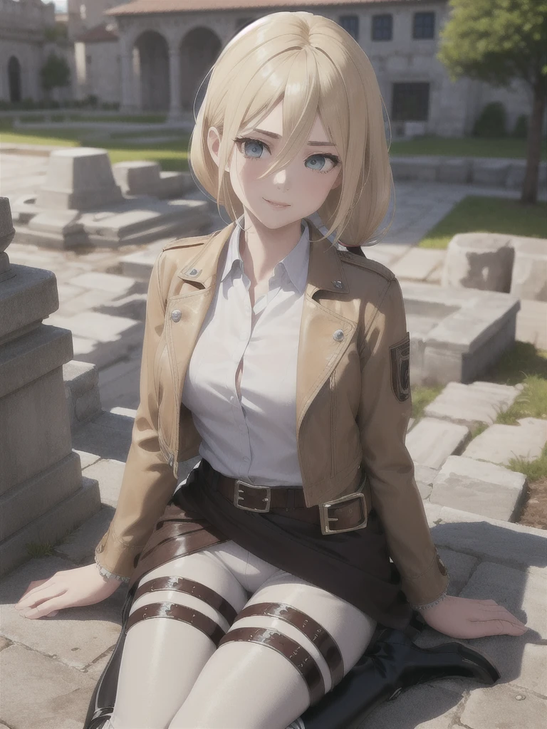 masterpiece, Highest quality, High resolution, Castle ruins, Day, sunny, Serious expression, One girl, alone, View your viewers, smile, Sit on the ground, history, Krista Lentz, Blonde, blue eyes, Hair between the eyes, short hair, ponytail, Official Art, Jacket, brown Jacket, Symbolism, belt, Thigh straps, pants, white pants, boots, shirt, white shirt, collared shirt, (Tight clothing), unity 8k wallpaper, (figure:0.8), (Beautiful attention to detail:1.6), Highly detailed face, Highly detailed CG, (3D Face:1.1), (Shiny skin:1.5), (超High resolution intricate face details), (Facial skin pores:1.3), 超High resolution cloth texture