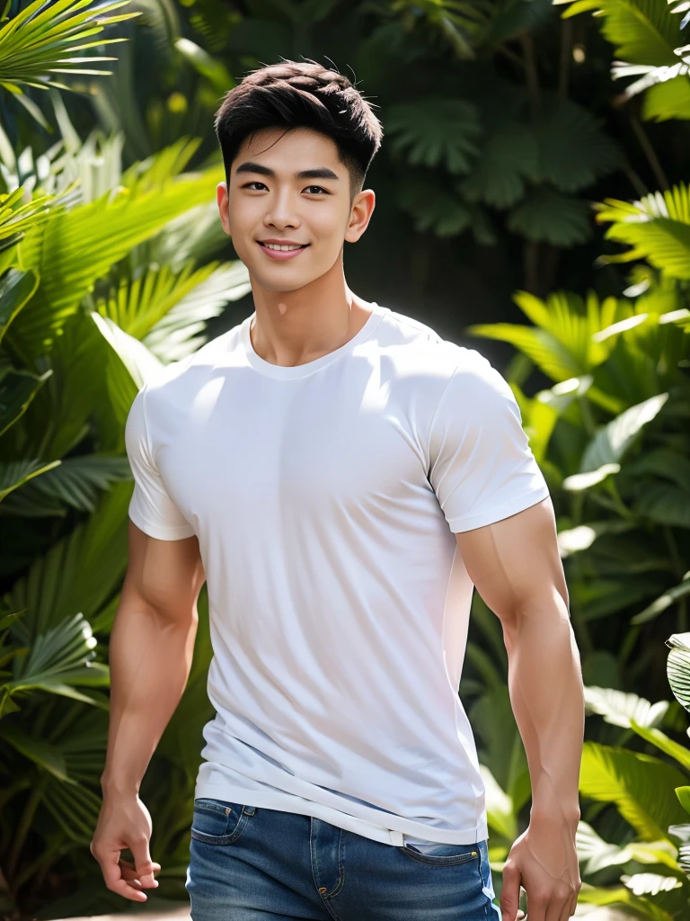 man , White t-shirt, jeans, black short hair , outdoor , cute smile , หน้าhandsomeแบบเกาหลีสมจริง , modest muscles , Masterpiece、High resolution、Surreal、detailed face、alone、man、Glowing skin、(Asia)、handsome、Detailed background
