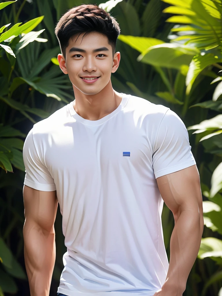 man , White t-shirt, jeans, black short hair , outdoor , cute smile , หน้าhandsomeแบบเกาหลีสมจริง , modest muscles , Masterpiece、High resolution、Surreal、detailed face、alone、man、Glowing skin、(Asia)、handsome、Detailed background