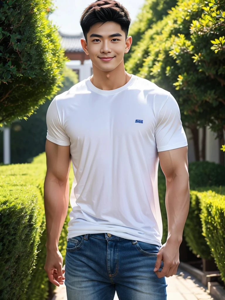 man , White t-shirt, jeans, black short hair , outdoor , cute smile , หน้าhandsomeแบบเกาหลีสมจริง , modest muscles , Masterpiece、High resolution、Surreal、detailed face、alone、man、Glowing skin、(Asia)、handsome、Detailed background