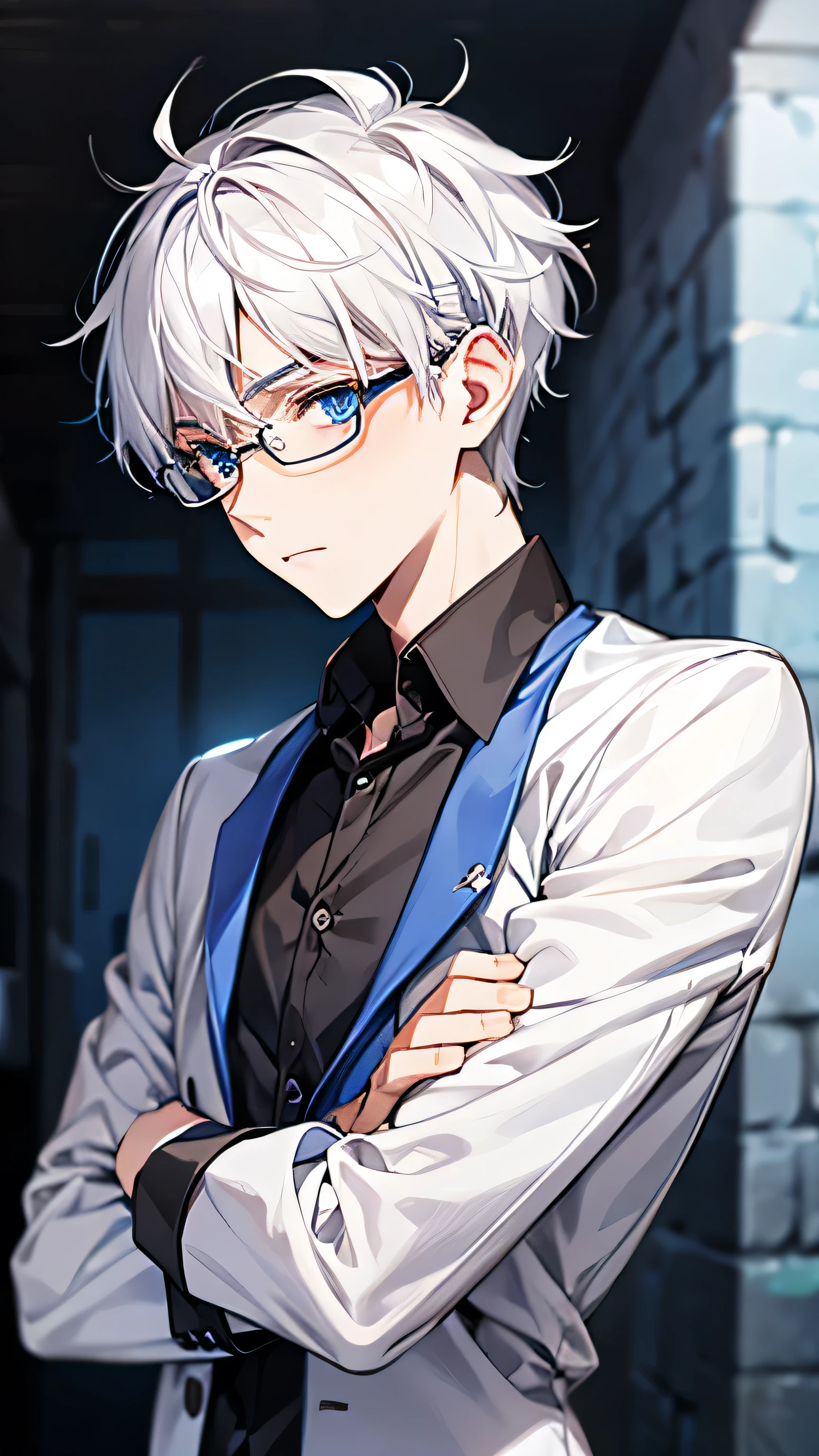 Blue eyes, white hair, male, teenager, short hair, two block hair, lecturer, glasses