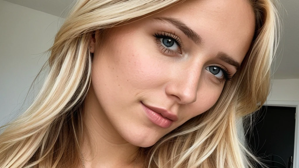 a woman in her twenties with blond hair, brown eyes, a pretty nose, pretty eyes and perfect lips ou on voit sont corp et quel fait des pose pour des image instagram