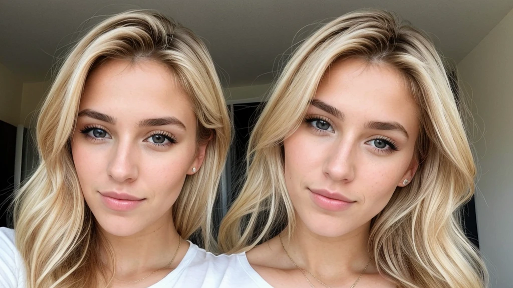a woman in her twenties with blond hair, brown eyes, a pretty nose, pretty eyes and perfect lips ou on voit sont corp et quel fait des pose pour des image instagram