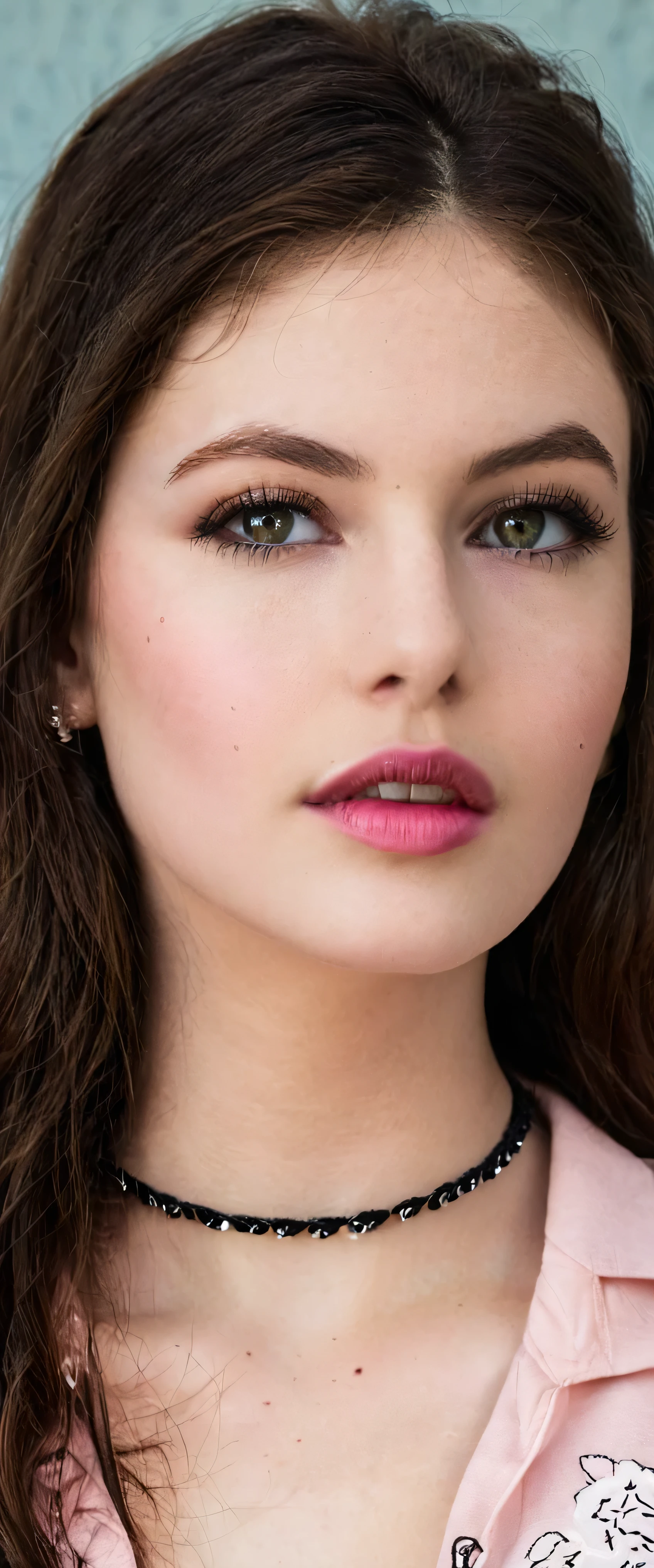 Wavy brown hair, (RAW photo, realism: 1.8), (very dark lip gloss, jet pink lipstick, many eyelashes, dark black eye shadow, shy, blushing, high quality, high resolution, chromatic aberration, caustic, wide light, natural colors, 20 year old woman), necklaces, chokers, earrings, bracelets, wear many accessories, style A good woman,l, silk pink shirt, standing, posing for photograph, beautiful skin, lots of exposure, very line, looks delicious, lips that make you want to kiss, scruffy futon,