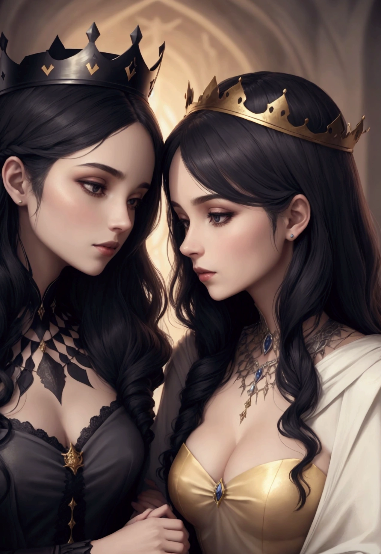 2 women. one dark and light, with crowns. peaceful