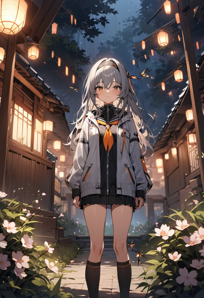 masterpiece,Highest quality,High resolution,Very detailed,(encounter_Audience:1.1),alone,One girl,Small breasts,Are standing,Outdoor,garden,Cherry Blossom,wood,whole body,fire Fly,Black hair band,Long Hair,Grey Hair,Jacket,Orange neckerchief,Knee socks,