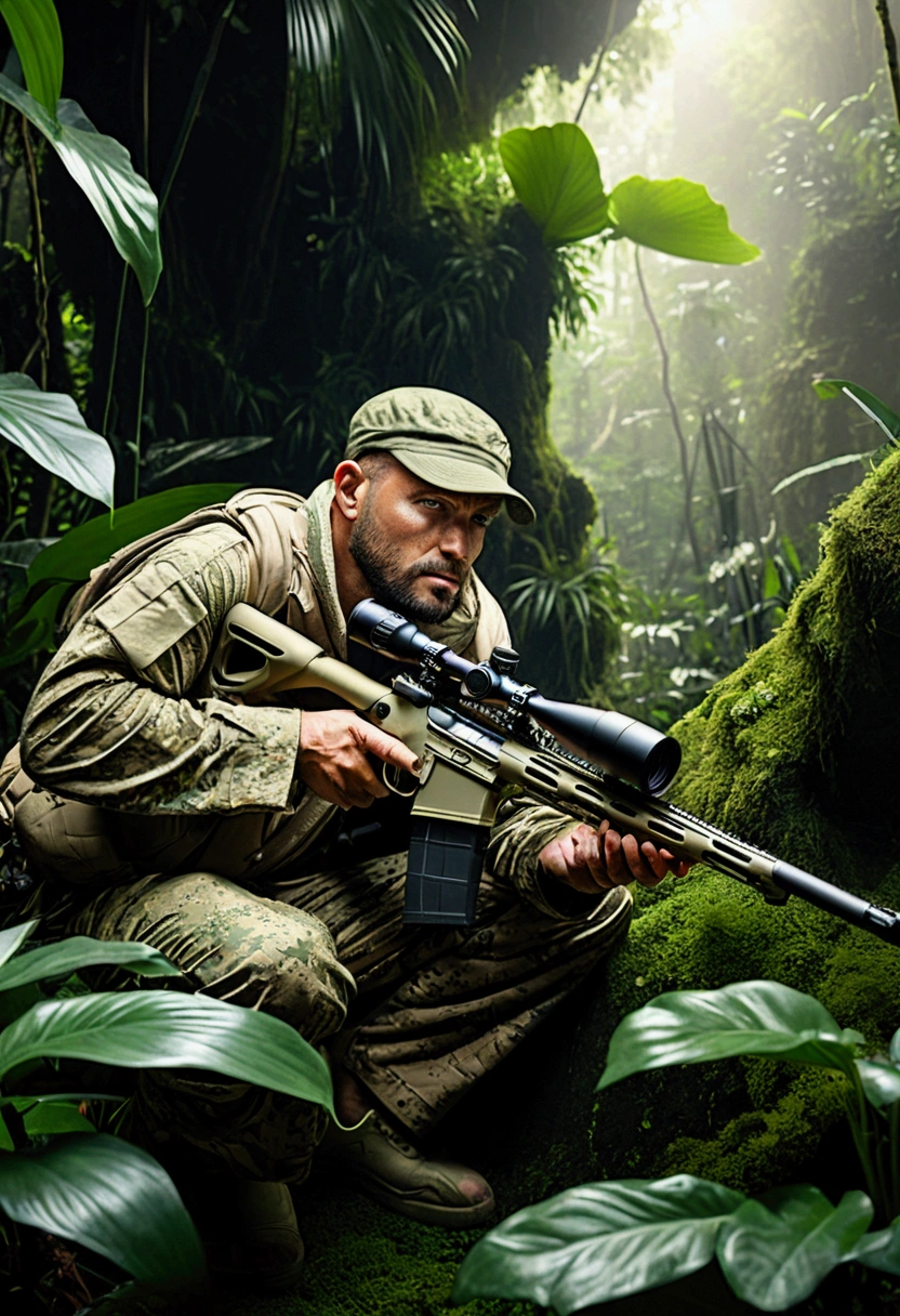 (Sniper), A legendary sniper is hiding in the jungle, his camouflage suit blending seamlessly with the surrounding environment. He stares at the sight, and a tense atmosphere permeates the air, full body, award-winning, cinematic still, emotional, vignette, dynamic, vivid, (masterpiece, best quality, Professional, perfect composition, very aesthetic, absurdres, ultra-detailed, intricate details:1.3)