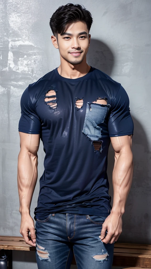(Create a masterpiece), (CGI art),(realistic), (Sharp focus), korean men 1 คนบาดเจ็บโดนจับมัด, (Wear a navy tight T-shirt.:1.3), jeans, korean men, chest muscles, large arm muscles, blood vessel, big muscles, Broad shoulders, looking at the audience, Balancing eye contact), (Big bulge: 1.4), (Torn shirt: 1.5), (Torn shirtวิ้น: 1.6), (Close your eyes..), (smile: 1.3), (Blood stains.: 1.2) ,Sitting on a table in a dark prison ,chip, His arms were tied with rope.., Hands crossed behind your back..,((Torn injection shirt)), ((Torn shirt)), , Abrasions on the body... ,Abrasions,( blood splatter), Abrasions on the face , dark cave