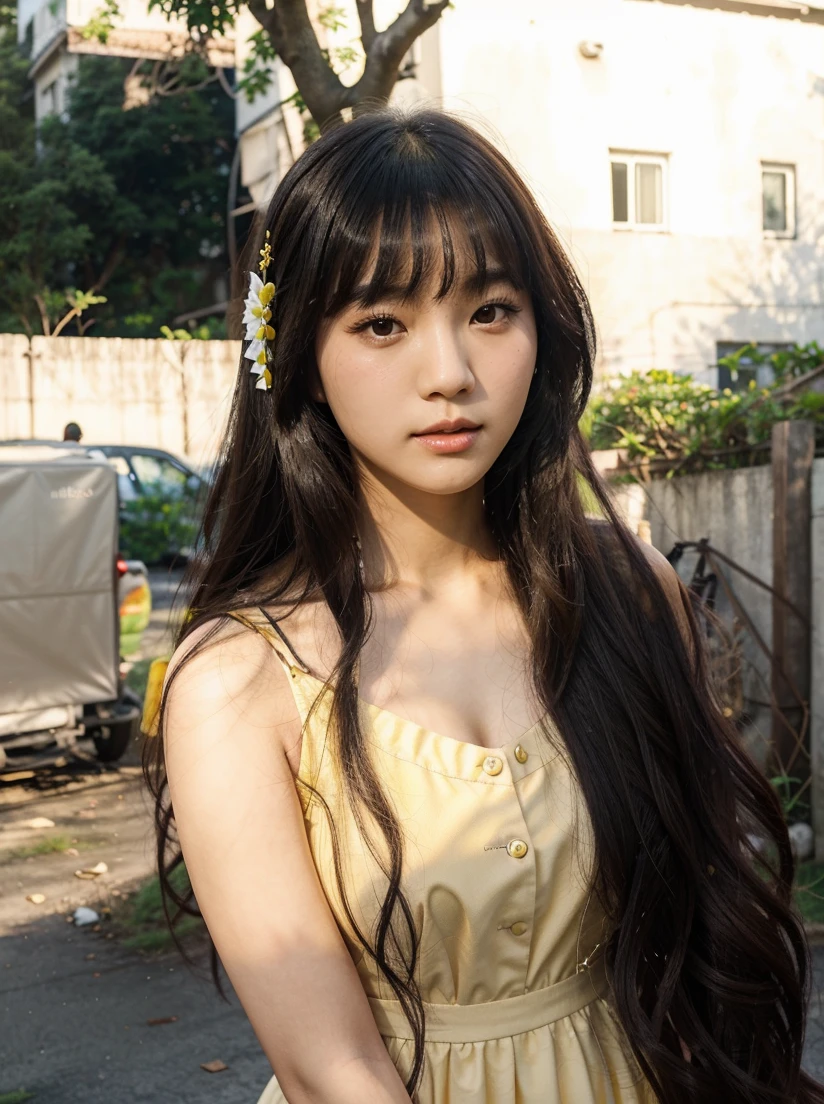 a beautiful korean, feminine, soft girl, with white skin, black long wavy hair, and bangs, and a v-shaped small and slim face, wearing a yellow dress, while there are trees and houses at the background like in the Phillippines 