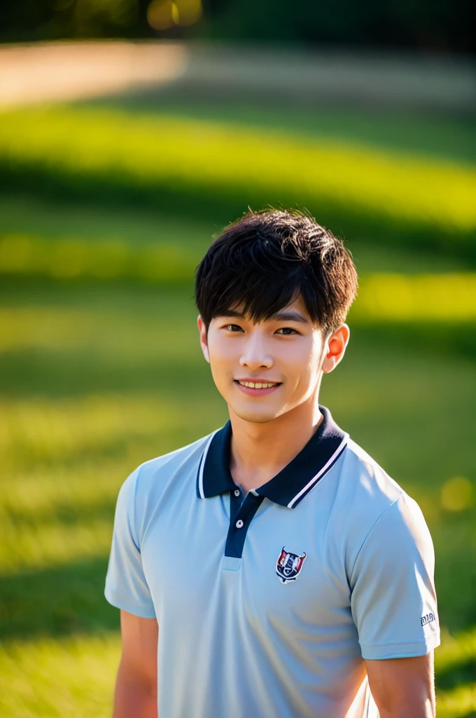 ((Highest quality, 8k, Masterpiece: 1.3))、Thailand Laos Burma Asia, Thai man, A handsome Asian rugby player with short hair, a muscular beard, and big muscles., 1A man who has、20 yo、Good appearance、Beautiful nose、smile、 Detailed eyes and face、beautiful light、(studio)、high resolution、(Look at the viewer.)、Fine mouth、smile、whole body: 1.5, perfect shape: 1.3, looking at camera ,black polo shirt, ((field)), sunlight looking at the field