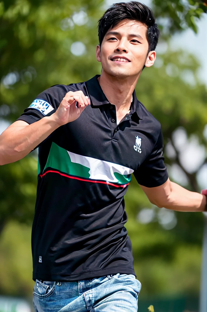 ((Highest quality, 8k, Masterpiece: 1.3))、Thailand Laos Burma Asia, Thai man, A handsome Asian rugby player with short hair, a muscular beard, and big muscles., 1A man who has、20 yo、Good appearance、Beautiful nose、smile、 Detailed eyes and face、beautiful light、(studio)、high resolution、(Look at the viewer.)、Fine mouth、smile、whole body: 1.5, perfect shape: 1.3, looking at camera ,black polo shirt, ((field)), sunlight looking at the field