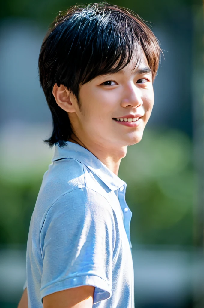 ((Highest quality, 8k, Masterpiece: 1.3))、Thailand Laos Burma Asia, Thai man, A handsome Asian rugby player with short hair, a muscular beard, and big muscles., 1A man who has、20 yo、Good appearance、Beautiful nose、smile、 Detailed eyes and face、beautiful light、(studio)、high resolution、(Look at the viewer.)、Fine mouth、smile、whole body: 1.5, perfect shape: 1.3, looking at camera ,black polo shirt, ((field)), sunlight looking at the field