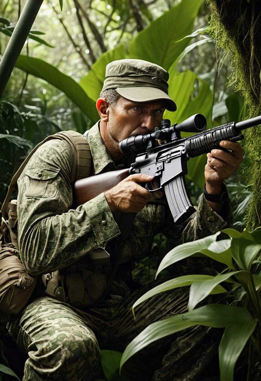 (Sniper), A legendary sniper is hiding in the jungle, his camouflage suit blending seamlessly with the surrounding environment. He stares at the sight, and a tense atmosphere permeates the air, full body, award-winning, cinematic still, emotional, vignette, dynamic, vivid, (masterpiece, best quality, Professional, perfect composition, very aesthetic, absurdres, ultra-detailed, intricate details:1.3)