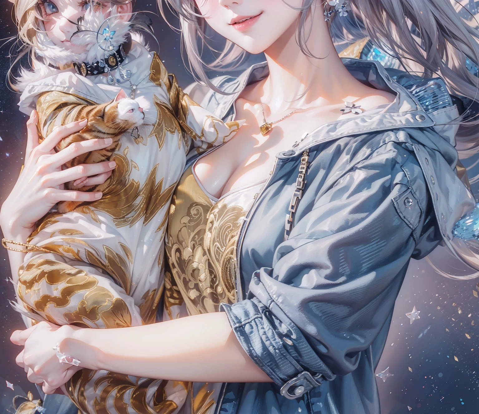 (((Holding a cute orange short-legged cat in both hands,Correct anatomy))),((Highest quality,masterpiece,A super mature tall beauty,Blue gray high ponytail super long straight hair,Slightly curly hair on double sideburns,Hair ends curled in,Gray short sleeves,Light blue denim gray hooded jacket,Exposed clavicle)),((Mature and sexy,Smile slightly)),starry sky galaxy background