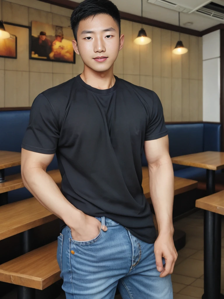 ((realistic daylight)) , Young Korean man in a simple black t-shirt only, no pattern, denim shirt, and jeans., A handsome, muscular young Asian man looks at the camera. , in the restaurant ,turn sideways