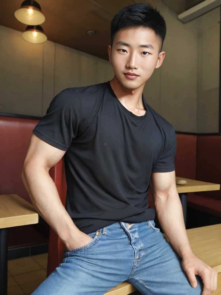 ((realistic daylight)) , Young Korean man in a simple black t-shirt only, no pattern, denim shirt, and jeans., A handsome, muscular young Asian man looks at the camera.  , in the restaurant ,turn sideways