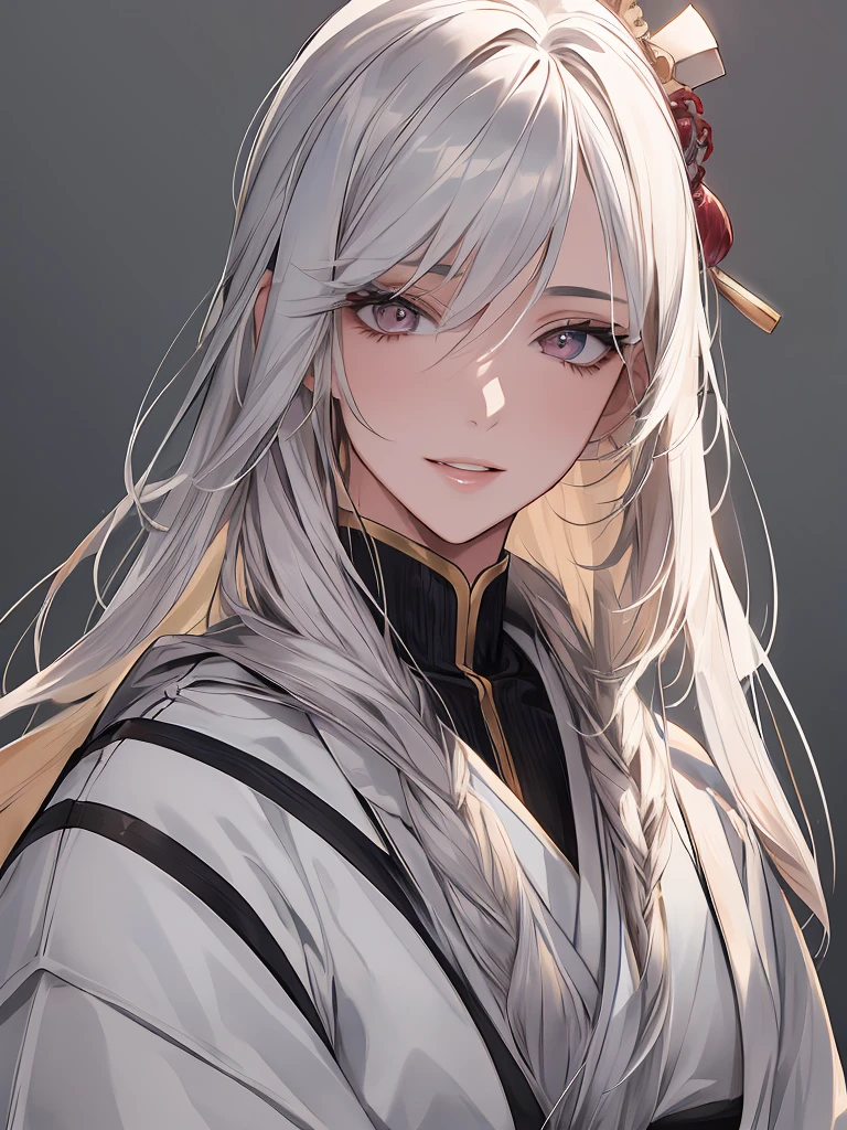 (masterpiece: 1.2), (Highest quality: 1.2) 1 female, mature, expensive (1.85), He looked about 25 years old, Had silver (Light) hair, straight and shiny hair, Bound with Samurai Manju, 前hair, Silver eyes as pure as silver, Very fine grain, Perfect Eyes, Extremely realistic eyes, The eyes are clear, Long eyelashes, Anime Style, Perfect Face, Mature woman's face, Sculpted jaw, Ultra feminine jawline, fleshy lips, smile, mature, Fair skin, Natural Body, Sexy Body, Mature woman's body, Place your hands on your hips, Perfect hands, Fine hand, Hands that are in proportion to the body, Realistic hands, Anatomically excellent arms, She was wearing a long-sleeved black leather jacket., Under the jacket she was wearing a white blouse.、However, her size couldn't hide her very large and huge saggy breasts.。, Muscular abdomen, A well-defined six pack, Black leather pants with blue details on the legs, Brown high top ankle boots, Thick thighs, curvy buttocks, Wide Hips, View your viewers, European style castle top background, Standing in a pose, Straight waist, alone, View your viewers