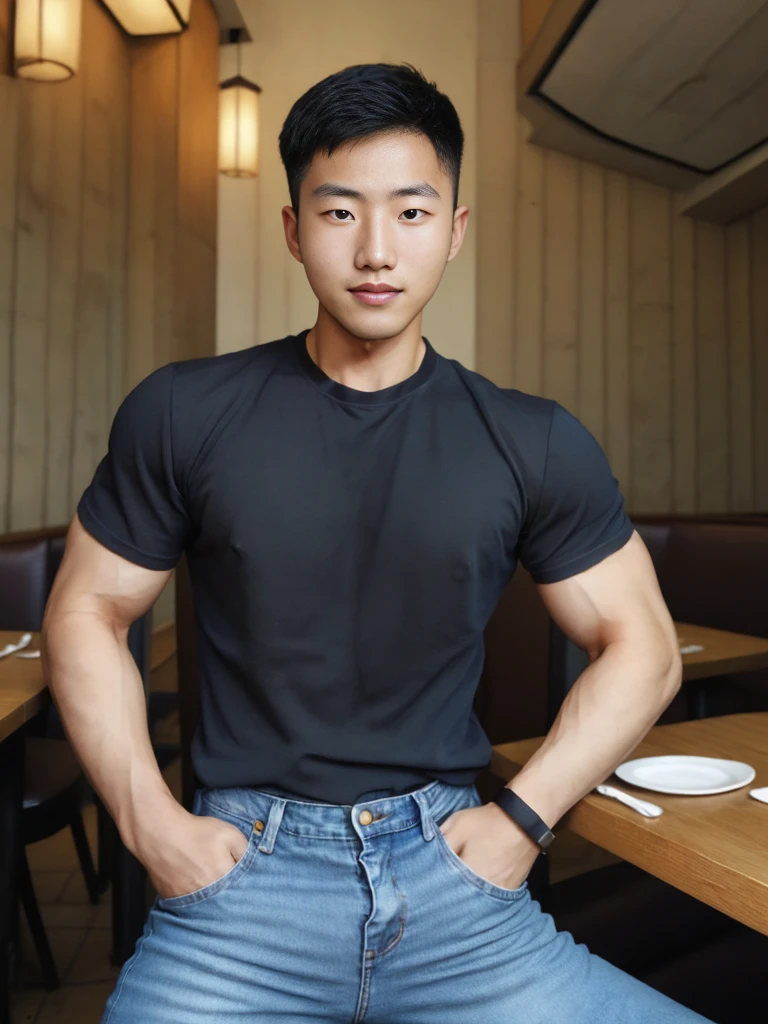 ((realistic daylight)) , Young Korean man in a simple black t-shirt only, no pattern, denim shirt, and jeans., A handsome, muscular young Asian man looks at the camera. , in the restaurant ,turn sideways