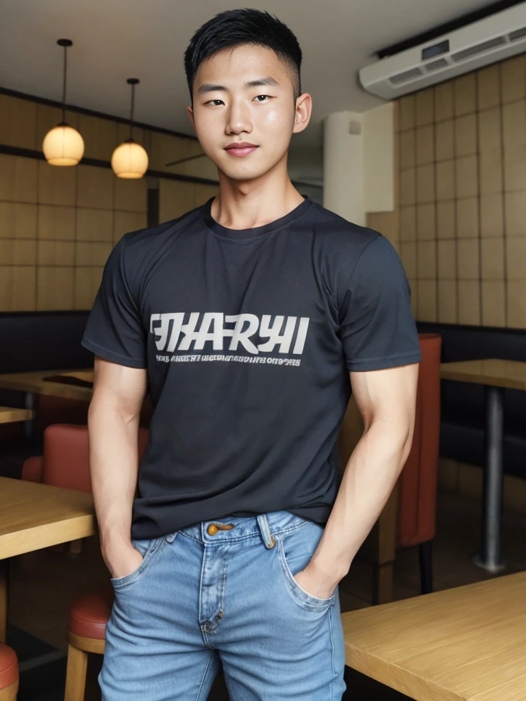 ((realistic daylight)) , Young Korean man in a simple black t-shirt only, no pattern, denim shirt, and jeans., A handsome, muscular young Asian man looks at the camera. , in the restaurant ,turn sideways