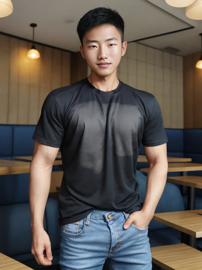 ((realistic daylight)) , Young Korean man in only a black sports shirt, no stripes, and jeans., A handsome, muscular young Asian man looks at the camera. , in the restaurant ,turn sideways