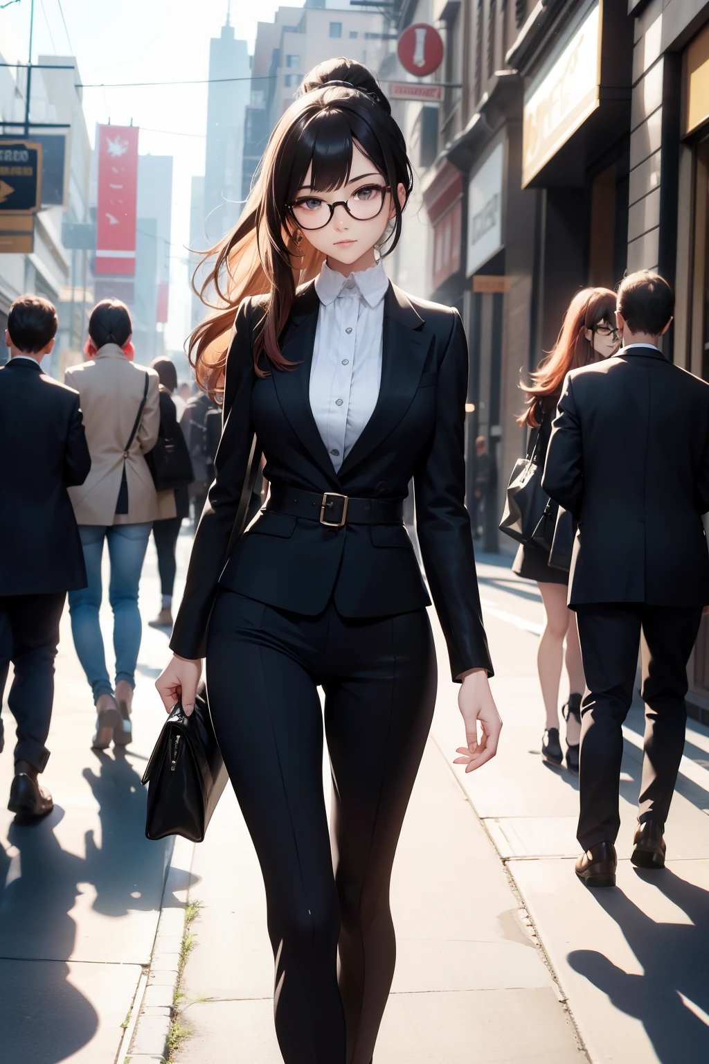Slender woman, with her back elegantly exposed in a fitted summer dress, strides through the bustling shopping district at the age of 29. Her long, wavy ponytail flows behind her, catching the sunlight, reflecting a radiant glow. She wears a pair of stylish red glasses, adding a touch of sophistication to her outfit. Accompanied by the summer breeze, her dress, filled with vibrant hues, gently flutters, revealing the slender curve of her waist. She carries a chic suit bag, hinting at her professional demeanor, further accentuating her slender figure. The sun casts a warm, soft light on her, reflecting off