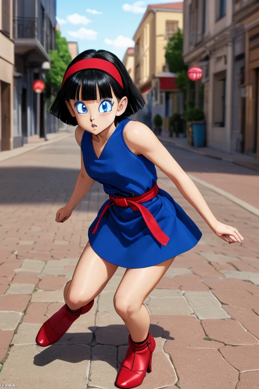 3D Digital Art Masterpiece, Videl from Dragon ball super, detailed slender body,  short black hair with bangs, red headband, short red dress, black belt, with legwear and black ankle boots, beautiful and detailed face with blue eyes, full lips and full-body-shot in 