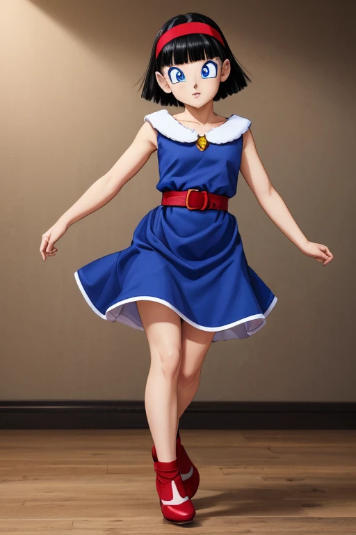 3D Digital Art Masterpiece, Videl from Dragon ball super, detailed slender body,  short black hair with bangs, red headband, short red dress, black belt, with legwear and black ankle boots, beautiful and detailed face with blue eyes, full lips and full-body-shot in 