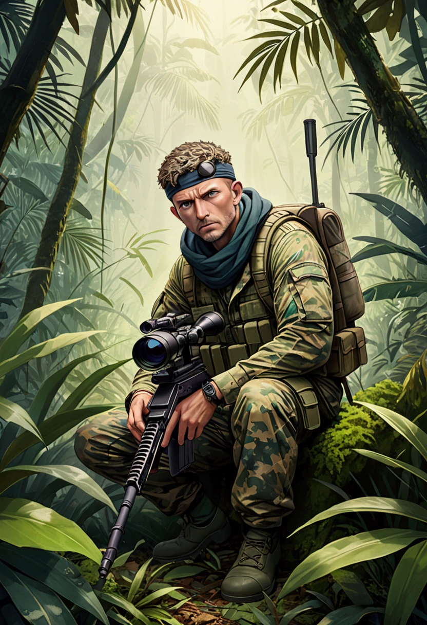 (Sniper), A legendary sniper is hiding in the jungle, his camouflage suit blending seamlessly with the surrounding environment. He stares at the sight, and a tense atmosphere permeates the air, full body, award-winning, cinematic still, emotional, vignette, dynamic, vivid, (masterpiece, best quality, Professional, perfect composition, very aesthetic, absurdres, ultra-detailed, intricate details:1.3)