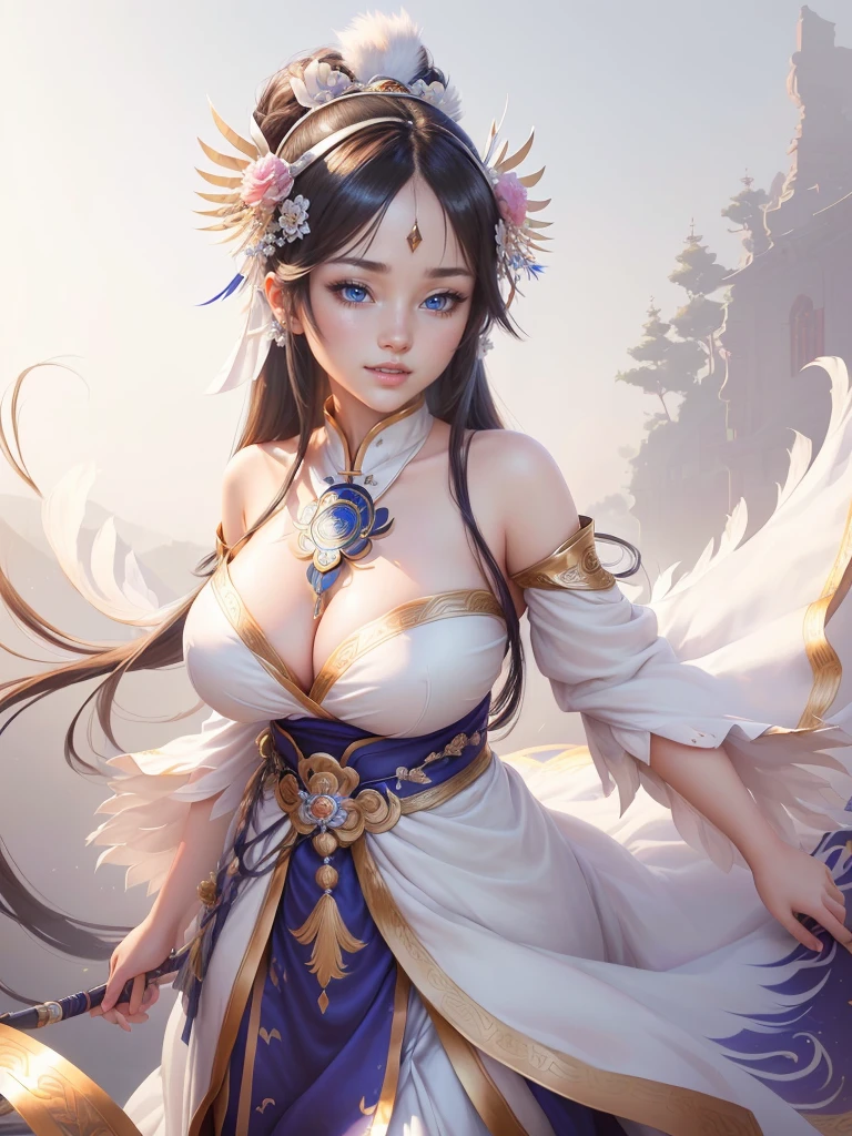 anime girl in a silver dress with a feather on her head, yun ling, inspired by Li Mei-shu, full body xianxia, highly detailed exquisite fanart, inspired by Pu Hua, inspired by Ju Lian, yang qi, lei min, Highly detailed CG unit 8k wallpaper, masterpiece, High resolution, highest quality, highest quality real texture skin, Super Real, Digital Painting, Best image quality, 最High resolution, 8k, ((Highly detailed eyes and face, Beautiful eyes every detail)), 1girl, Full Body Shot, Saggy breasts, Gravity-dependent breasts, long chest, Heavy chest, disproportionate breasts, huge breasts, sagging breasts, gigantic breasts, smile, open your mouth,
