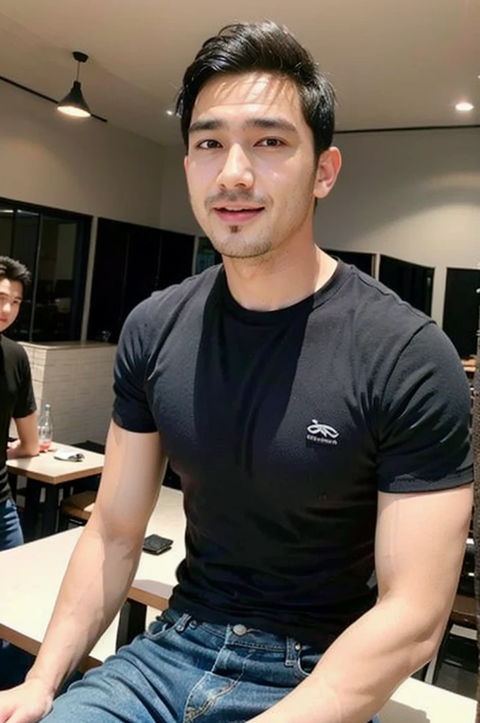 ((realistic daylight)) , Young Korean man in only a black sports shirt, no stripes, and jeans., A handsome, muscular young Asian man looks at the camera.  , in the restaurant ,turn sideways