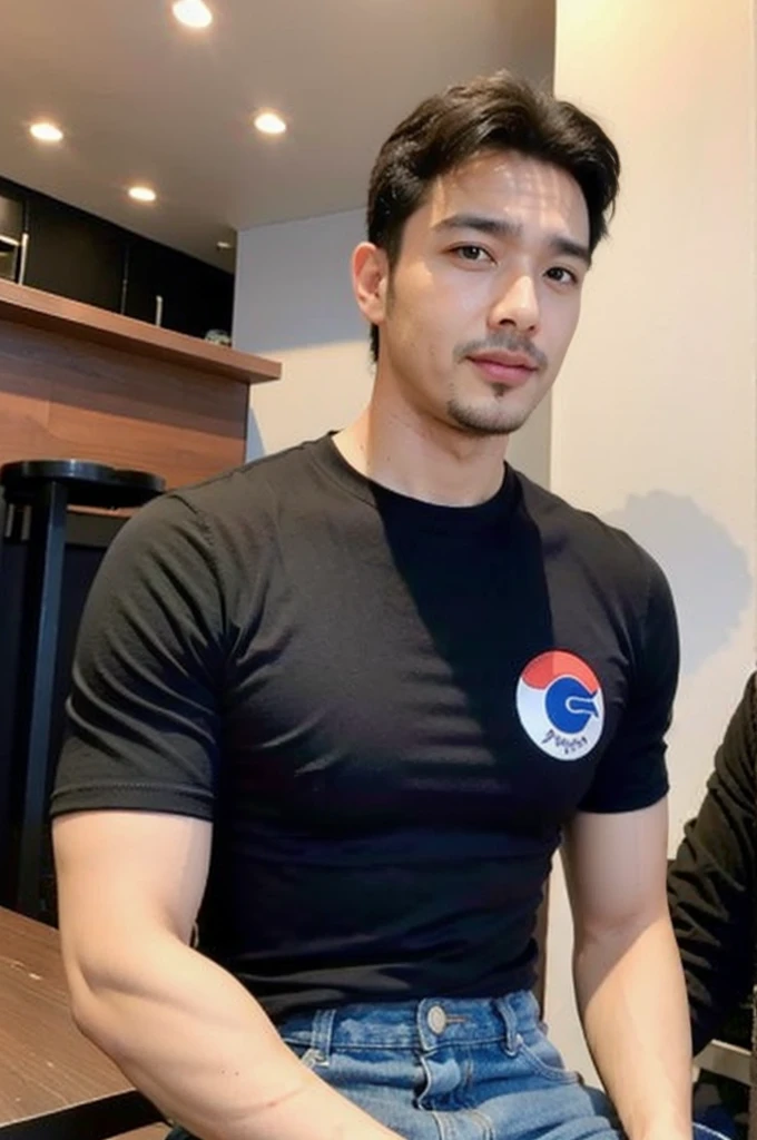 ((realistic daylight)) , Young Korean man in only a black sports shirt, no stripes, and jeans., A handsome, muscular young Asian man looks at the camera.  , in the restaurant ,turn sideways