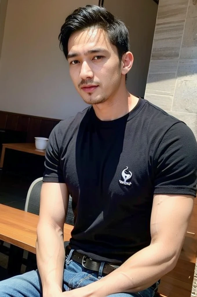 ((realistic daylight)) , Young Korean man in only a black sports shirt, no stripes, and jeans., A handsome, muscular young Asian man looks at the camera.  , in the restaurant ,turn sideways